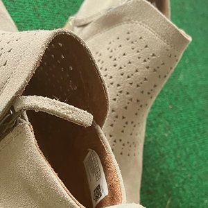 FREE SHIPPING; booties, TOMS tan; awesome design; wood heel; tread bottom